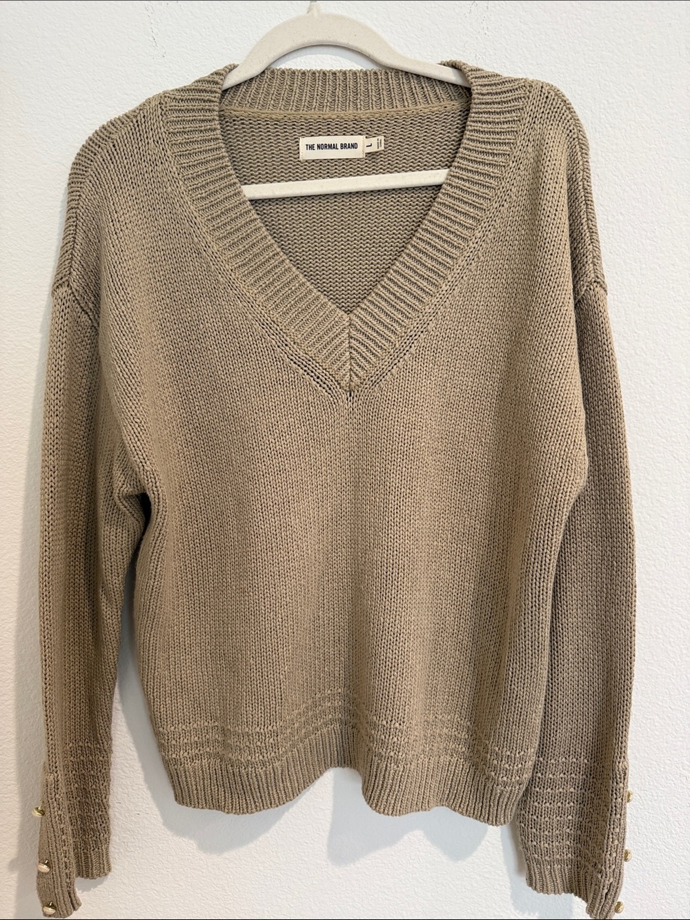 The Normal Brand V-Neck Knit Sweater in Taupe